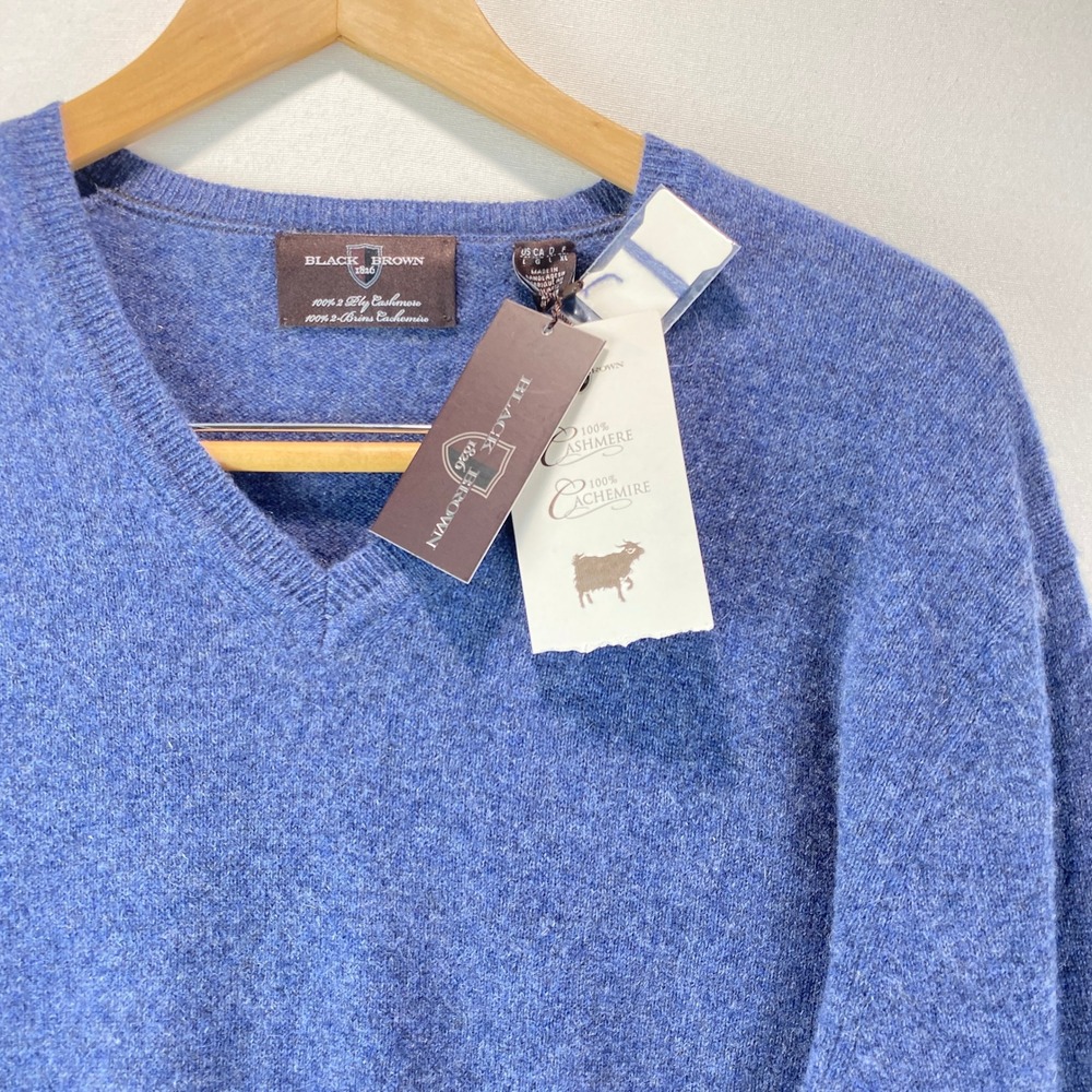 Black Brown 1826 100% 2-Ply Cashmere V-Neck Mens L Blue Denim Heather Sweater